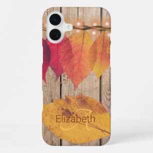 Rustic Monogram Initial Autumn Leaf Lights Wood iPhone 16 Plus Case
