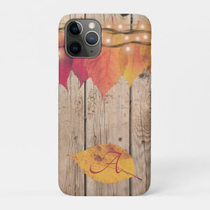 Rustic Monogram Initial Autumn Leaves Lights Wood iPhone 11 Pro Case