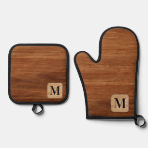 Rustic Monogram Initial Brown Wood Tone Oven Mitt & Pot Holder Set