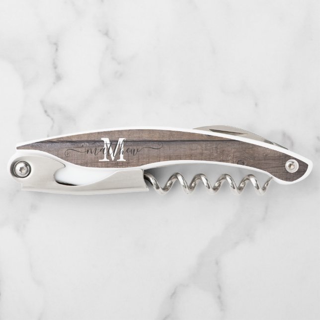 Rustic Monogram Initial Script Bottle Custom  Corkscrew (Front)