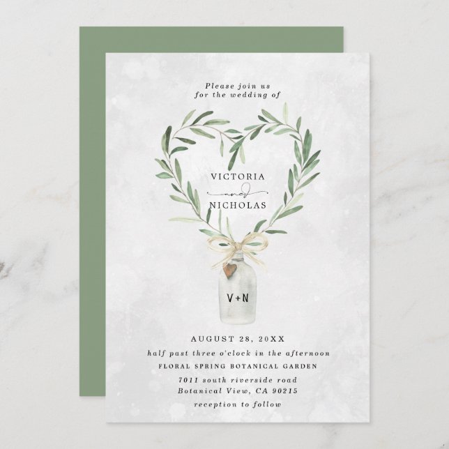 Rustic Monogram Jar | Heart Greenery Wedding Invitation (Front/Back)