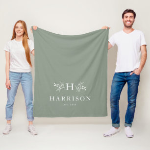 Rustic monogram light sage green personalised fleece blanket