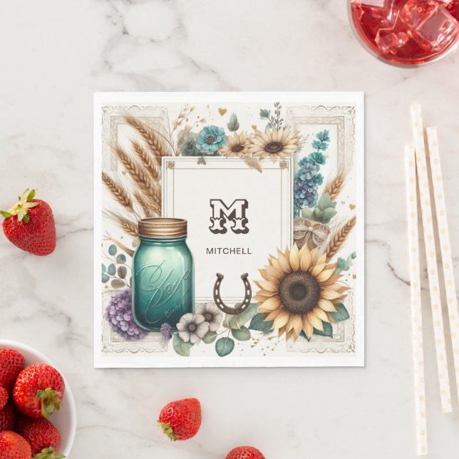 Rustic Monogram Mason Jar Sunflowers Napkin (Insitu)