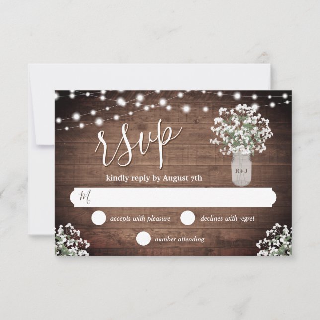 Rustic Monogram Mason Jar Vase Lights Wedding RSVP Card (Front)