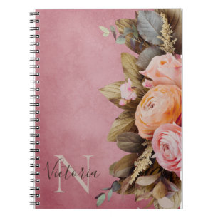 Rustic Monogram Name Pink Floral Foilage Vintage Notebook