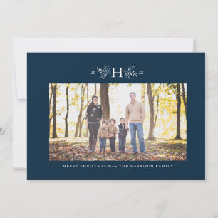 Rustic monogram navy blue holiday photo card