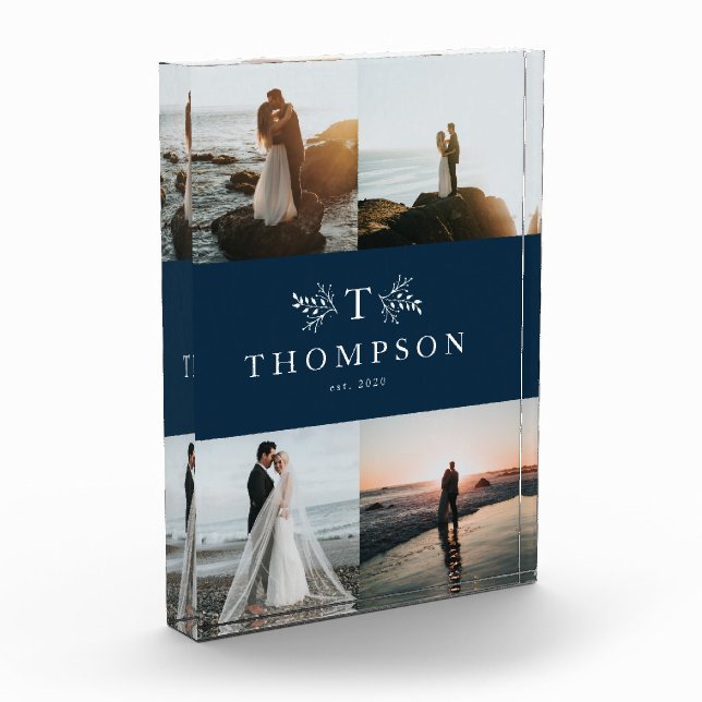 Rustic monogram navy blue newlywed collage photo block (Left)