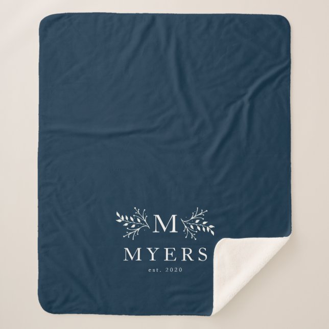 Rustic monogram navy blue personalised sherpa blanket (Front)