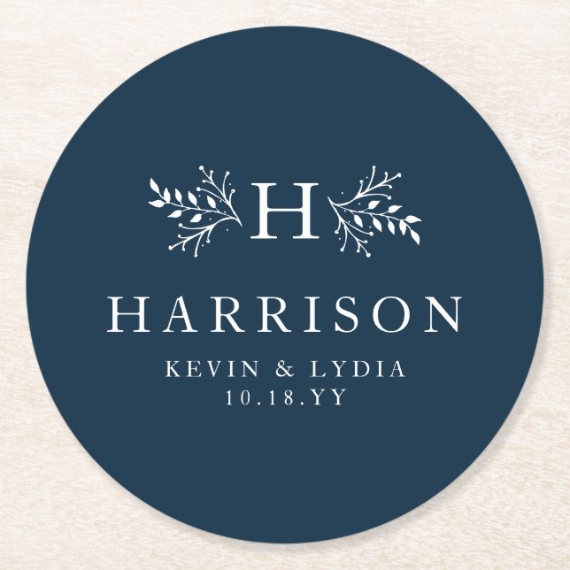 Rustic monogram navy blue simple classic wedding round paper coaster (Front)