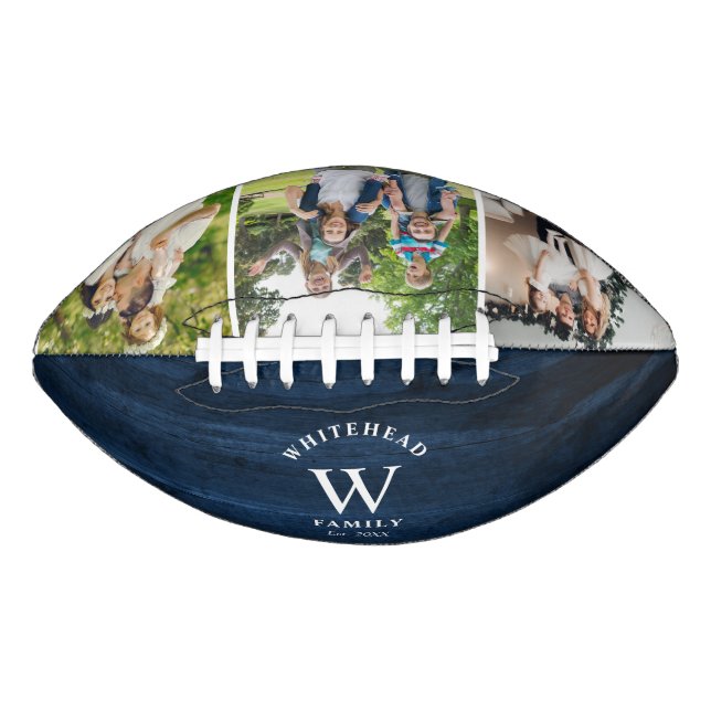 Rustic Monogram Navy Blue Wood Photo Collage Football (Front)