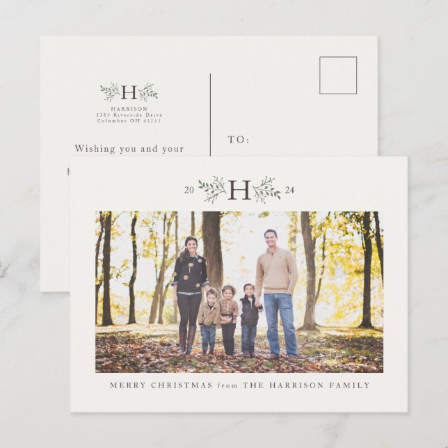 Rustic monogram one photo family holiday postcard (Front/Back)