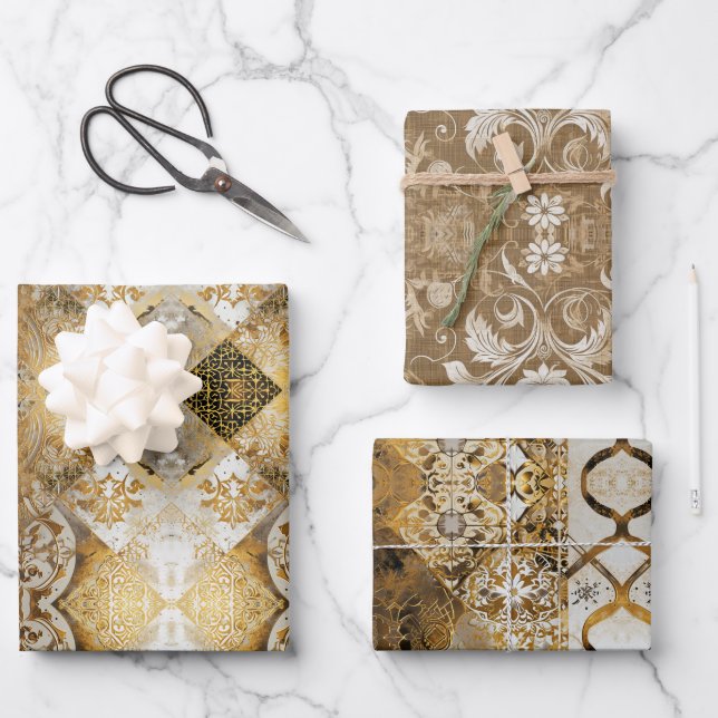 Rustic Monogram Pattern: Tan & Cream Style Wrapping Paper Sheet (Front)