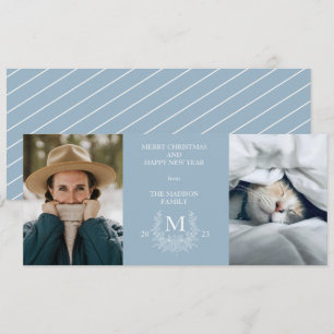 Rustic monogram Pewter Blue holiday photo card