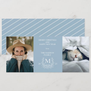 Rustic monogram Pewter Blue holiday photo card