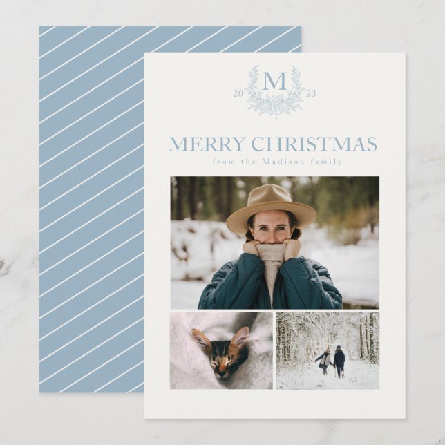 Rustic monogram Pewter Blue personalised initial  Holiday Card (Front/Back)