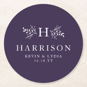 Rustic monogram plum purple fall winter wedding round paper coaster