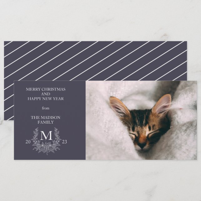 Rustic monogram Quartz Grey holiday photo card (Front/Back)