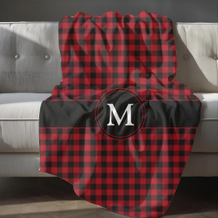 Rustic Monogram Red And Black Plaid Pattern Fleece Blanket