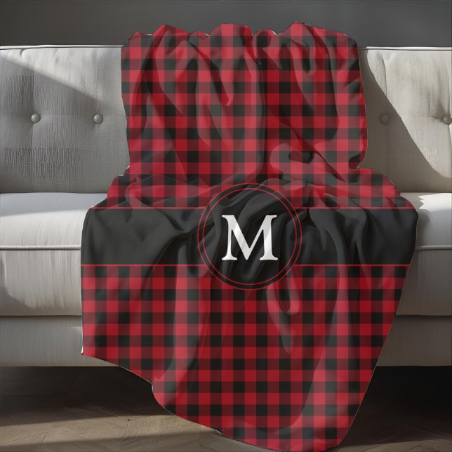 Rustic Monogram Red And Black Plaid Pattern Fleece Blanket (Rustic Monogram Red And Black Plaid Pattern Fleece Blanket)