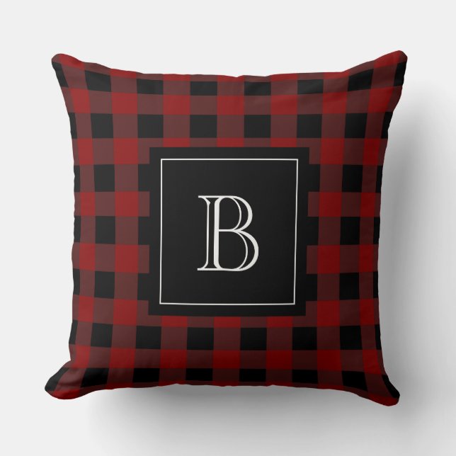 Rustic Monogram Red Black Buffalo Check Plaid Cushion (Front)