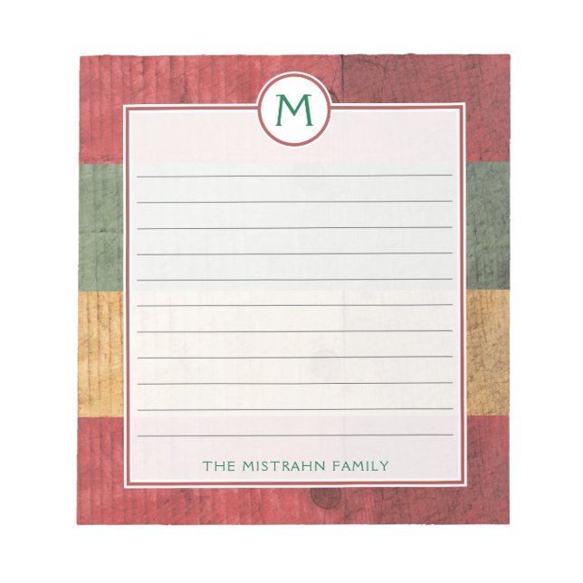 Rustic Monogram Red Green Gold Wood Name Christmas Notepad (Front)