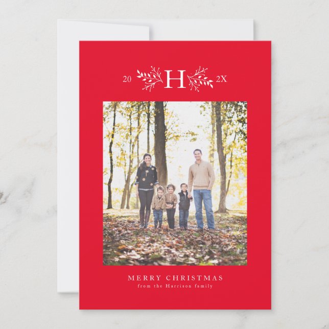 Rustic monogram red holiday photo card (Front)