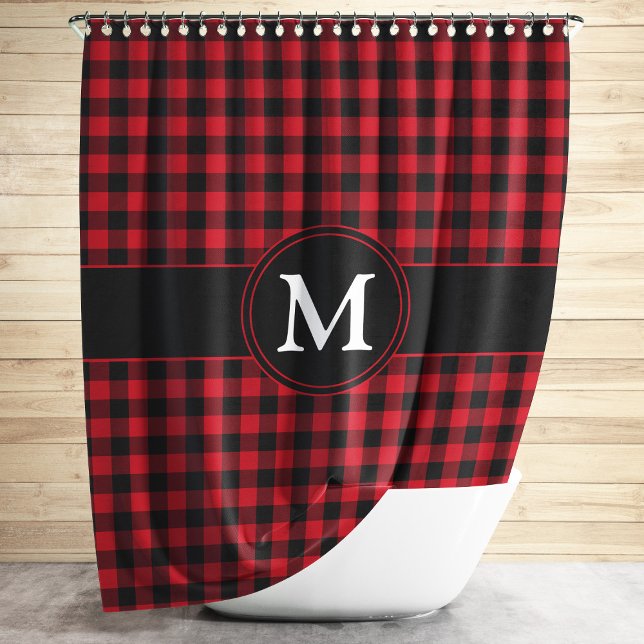 Rustic Monogram Red Plaid Pattern Shower Curtain (Rustic Monogram Red Plaid Pattern Shower Curtain)