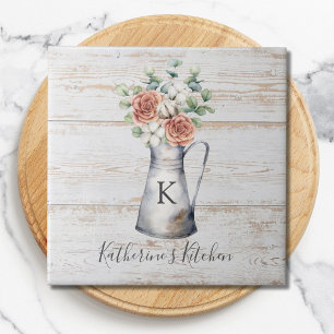 Rustic Monogram Rose Cotton Eucalyptus in a jug Ceramic Tile