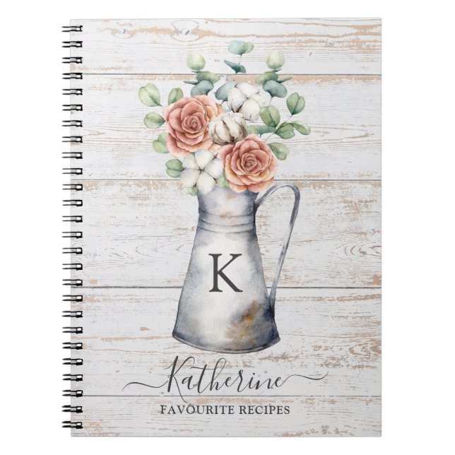 Rustic Monogram Rose Cotton Eucalyptus Wood Recipe Notebook (Front)