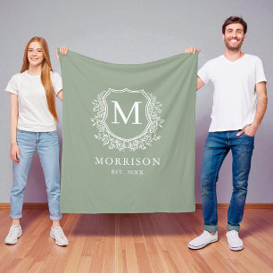 Rustic Monogram Sage Green Crest Newlywed Wedding Fleece Blanket