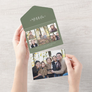 Rustic monogram sage green holiday 5 photo collage all in one invitation