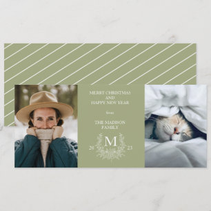 Rustic monogram Sage Green holiday photo card