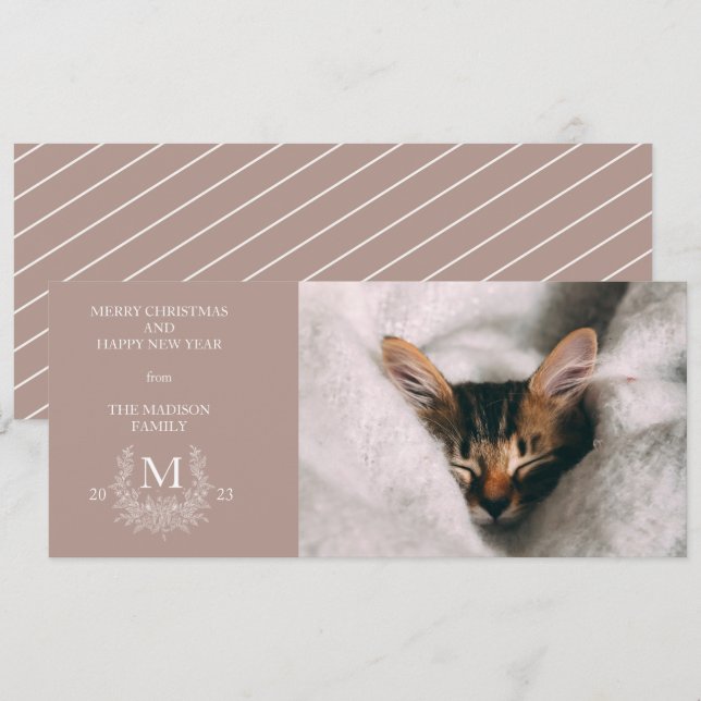 Rustic monogram Silver Pink holiday photo card (Front/Back)