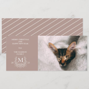 Rustic monogram Silver Pink holiday photo card