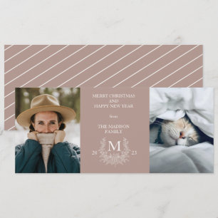 Rustic monogram Silver Pink holiday photo card