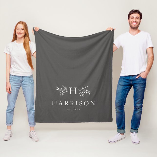 Rustic monogram slate grey newlywed blanket (In Situ)