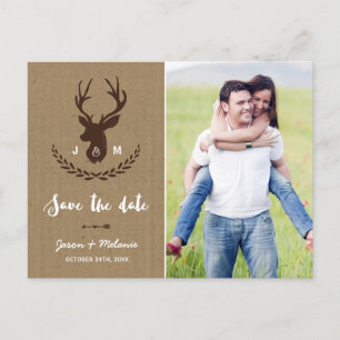 Rustic Monogram Stag Photo Save the Date Announcement Postcard