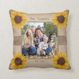 Rustic Monogram Sunflower Burlap Family Cushion