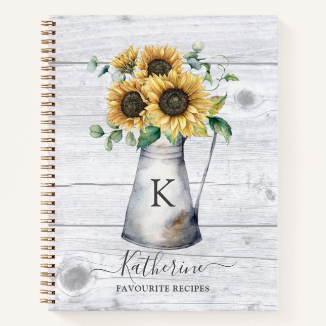 Rustic Monogram Sunflower Recipe Cookbook Notebook (Front)