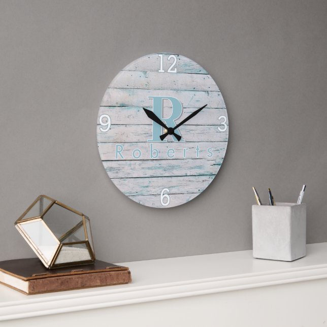 Rustic Monogram Teal Driftwood Clock (Office)