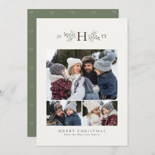 Rustic monogram three photo holiday card