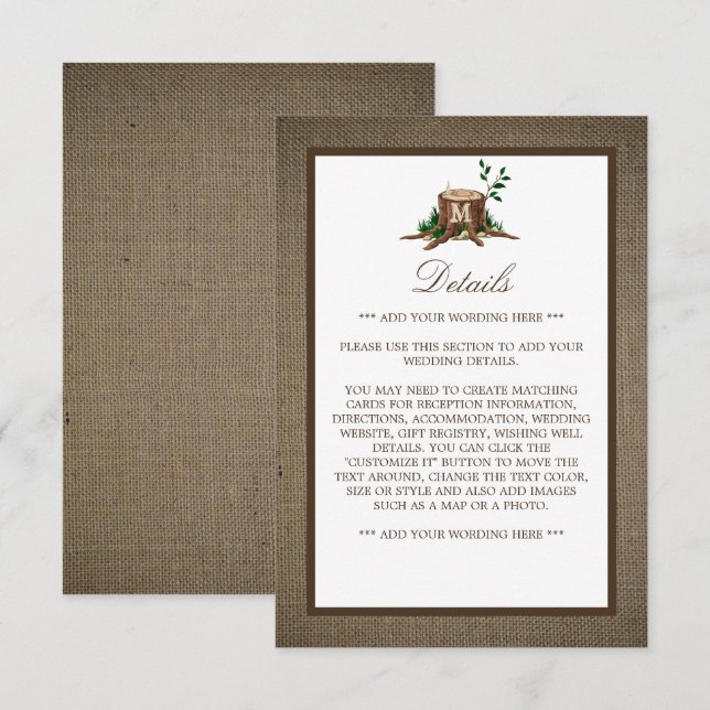 Rustic Monogram Tree & Burlap Wedding Detail Enclosure Card (Front/Back)