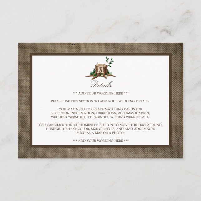 Rustic Monogram Tree & Burlap Wedding Detail Enclosure Card (Front)