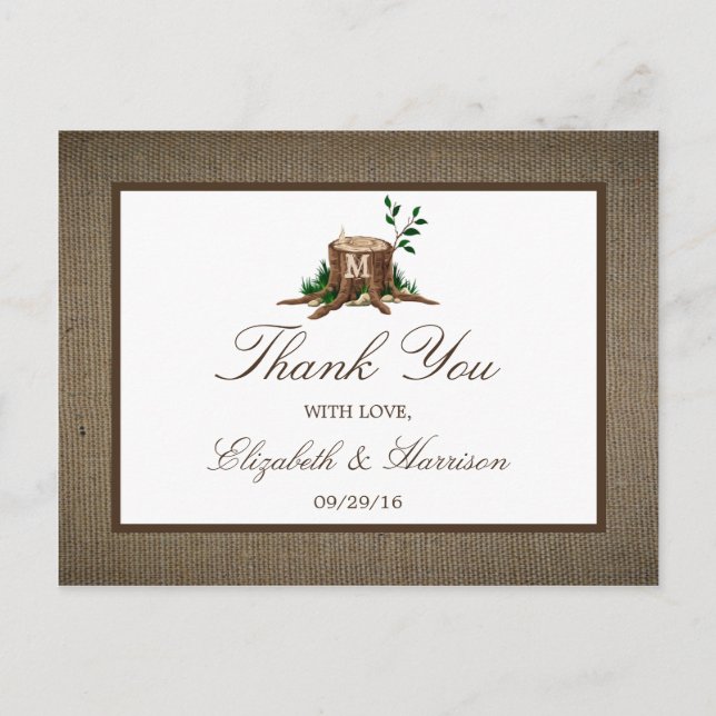 Rustic Monogram Tree & Burlap Wedding Thank You Postcard (Front)
