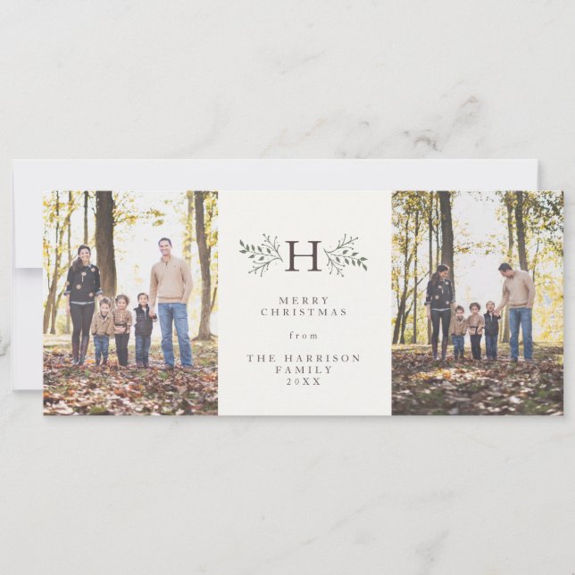 Rustic monogram two photo holiday card (Front)