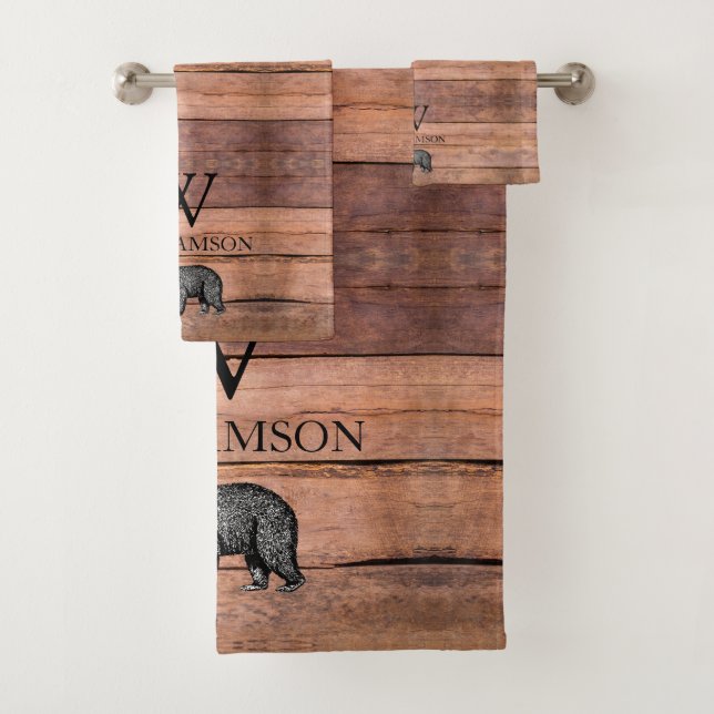 Rustic Monogram Wood Bear Family Name Bath Towel Set (Insitu)