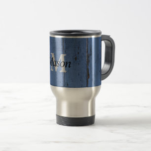 Rustic Monogrammed Name Blue Wood Manly Cool Travel Mug