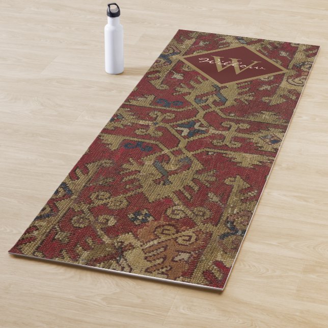 Rustic Monogrammed Oriental Persian Red Pattern Yoga Mat (In Situ)
