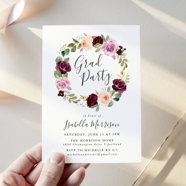 Rustic Moody Floral Wreath Graduation Party Invitation (Creator Uploaded)