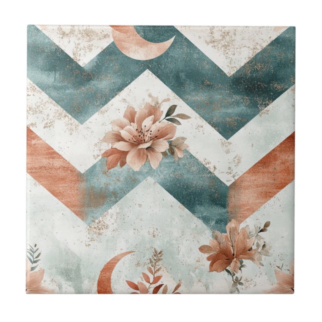 Rustic Moon Floral Chevron Earthy Pattern (3) Ceramic Tile (Front)